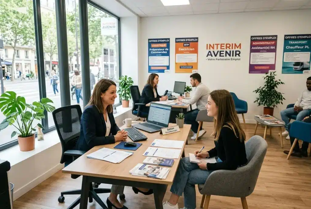 Deux consultantes près d'un bureau d'agence d'intérim, discussions et documents sur les tables, ambiance professionnelle. Intègre: "comment fonctionne le travail en intérim" naturellement.