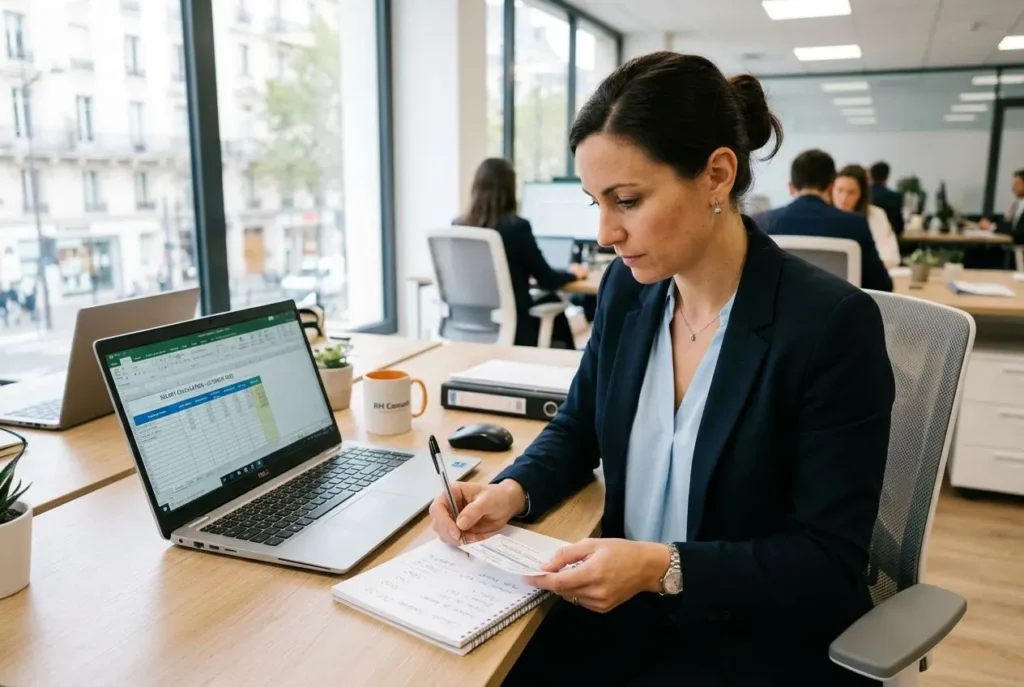 Consultante en milieu de travail évaluant des documents de paie sur un ordinateur portable, avec notes et mug sur le bureau, sujet: salaire intérim en france.