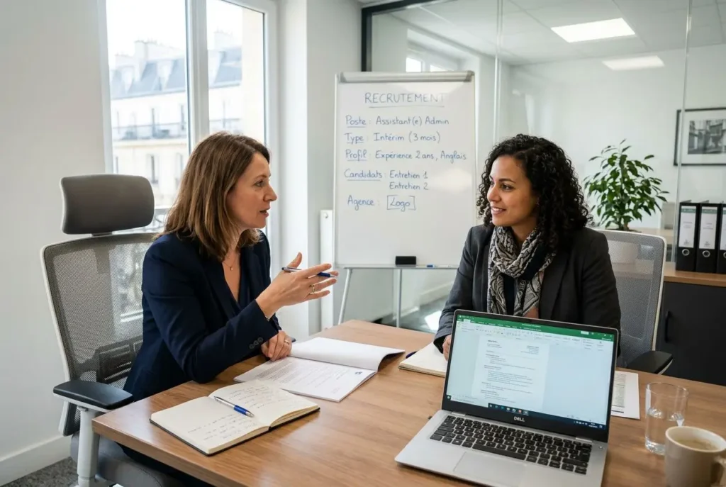 Deux professionnelles en entretien dans une salle de réunion, à côté d’un tableau de recrutement; un ordinateur portable ouvert montre des documents. intégrer: comment embaucher un intérimaire.