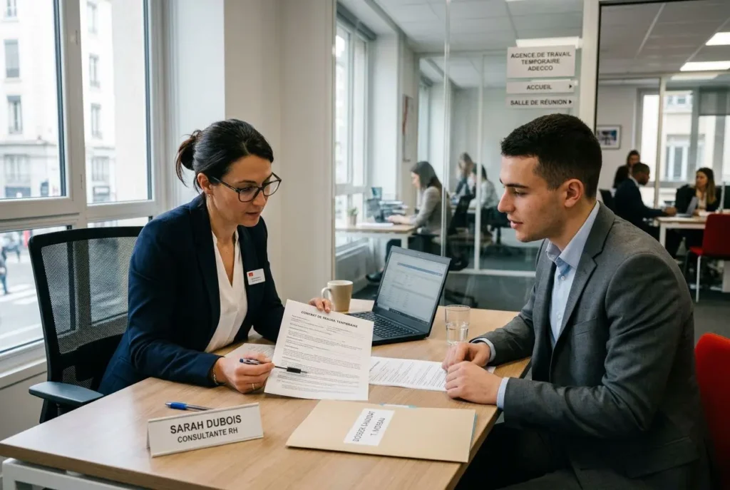 Deux professionnels discutent d’un contrat de travail intérimaire dans un espace de bureau lumineux, avec documents et ordinateur. Droits travailleurs intérimaires france.