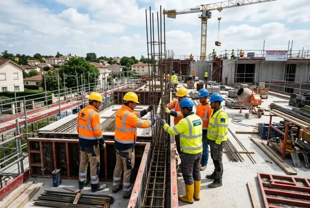 Groupe de travailleurs en chantier, portant casques et gilets, manipulant des armatures en fer sur une construction en haut d’un bâtiment. Directive travailleurs détachés.