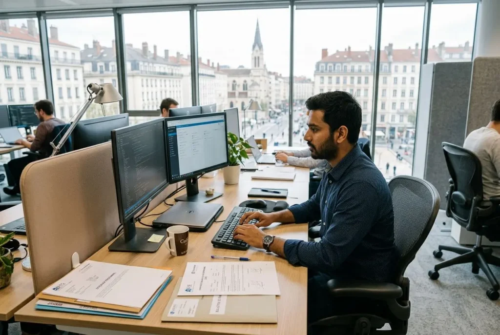 Salarié détaché en france au bureau: homme travail sur ordinateur double écran, documents et café sur le bureau, ambiance coworking.