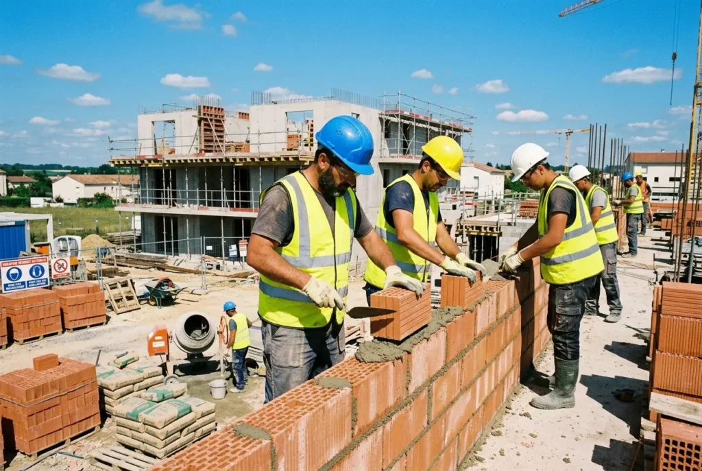 Travailleurs en chantier posant des briques sur un mur en construction, équipés de casques et gilets réfléchissants sur un site BTP. recrutement intérimaire roumain en btp.