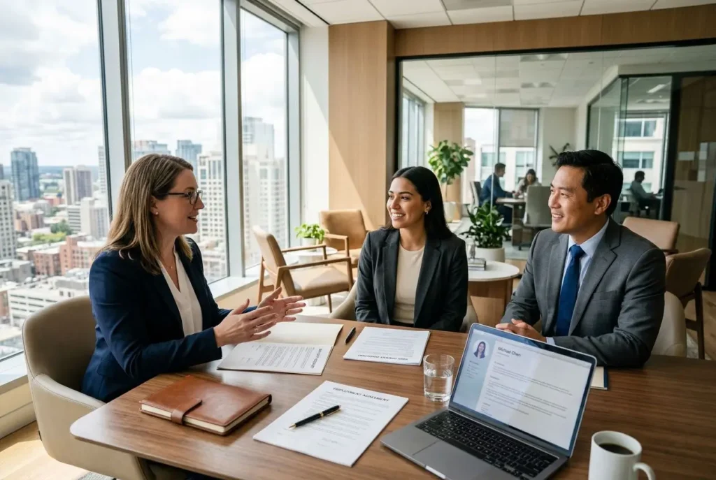Trois professionnels en réunion de travail, discutant autour d’une table avec documents et ordinateur, dans un bureau lumineux. intégration: comment fonctionne une agence d'intérim.