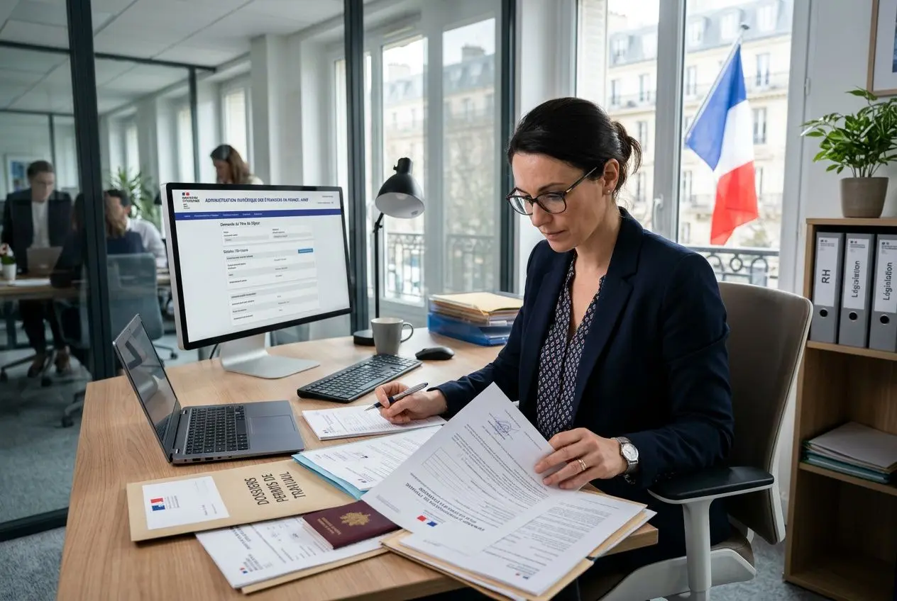 Assistance administrative sur ordinateur pour une demande d'autorisation de travail en France pour les étrangers, documents et formulaire en ligne.