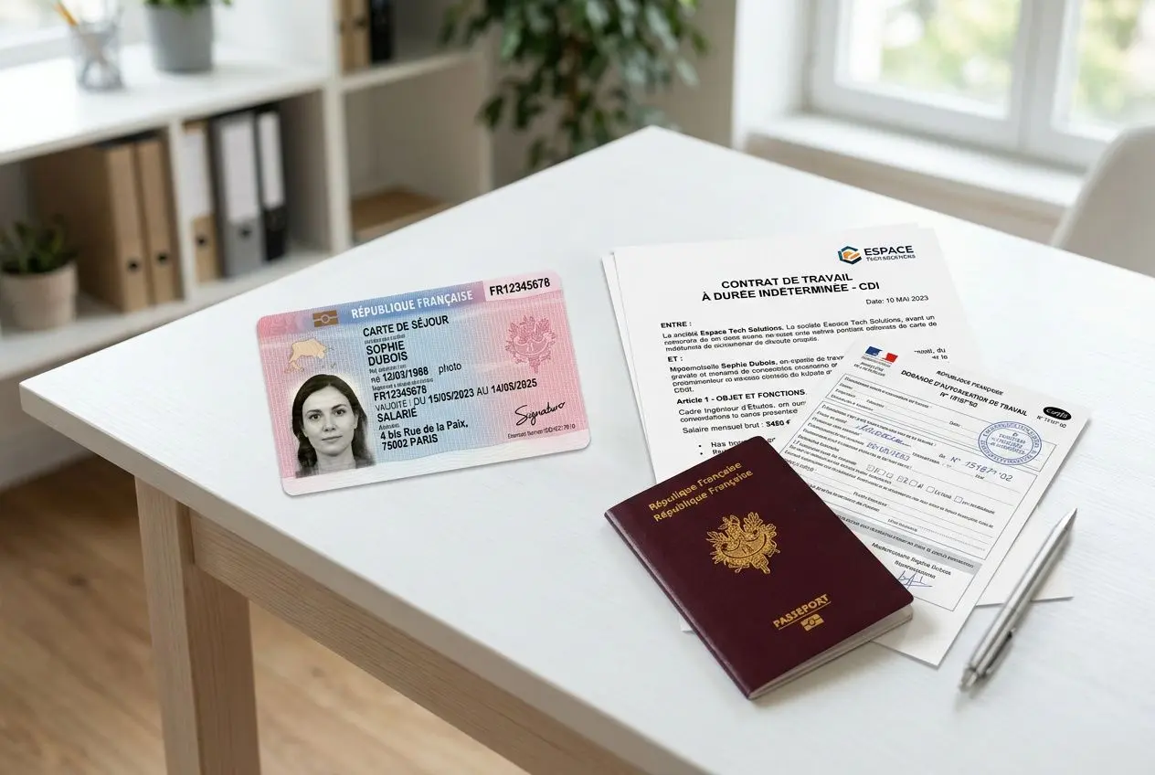 Clé d'identité et documents: carte de séjour, contrat de travail et passeport sur une table, prêt pour une demande de titre de séjour travailleur temporaire.