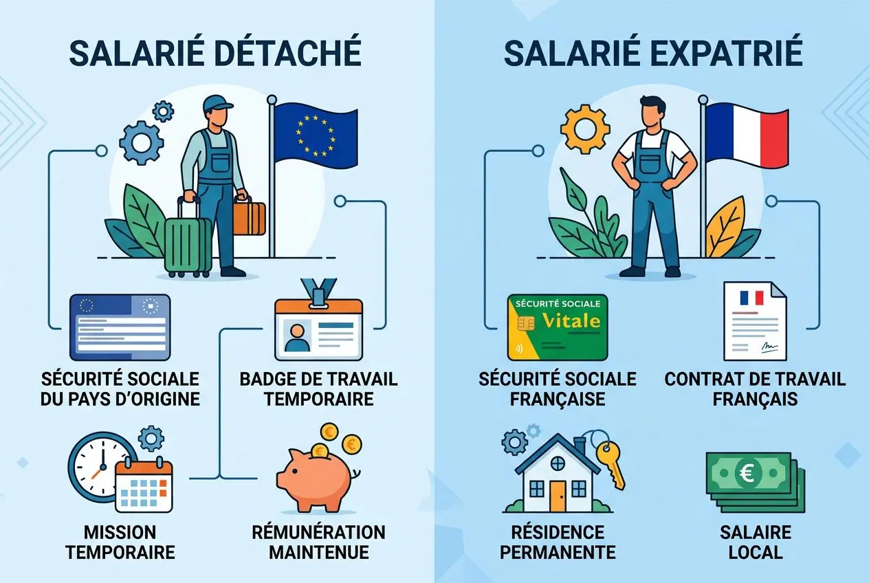 Détachement salarié étranger en France : illustration montrant deux profils, salarié détaché et expatrié, avec icônes d’obligations et droits.