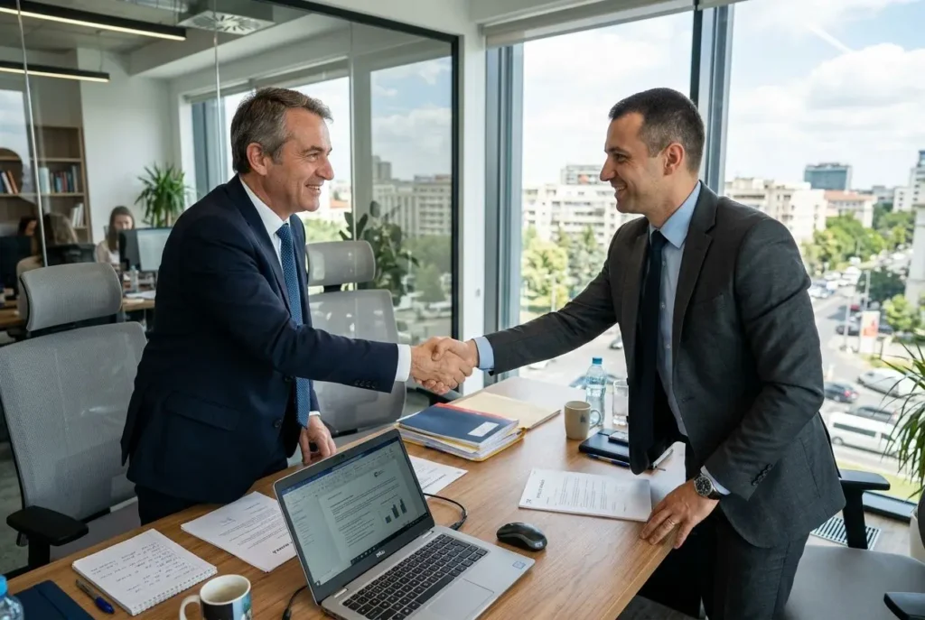 Deux hommes d’affaires se serrant la main dans un bureau lumineux, autour d’une table avec ordinateur et documents. Ils portent costume et cravate; vue urbaine par la fenêtre. Les roumains peuvent travailler en france est intégré naturellement.