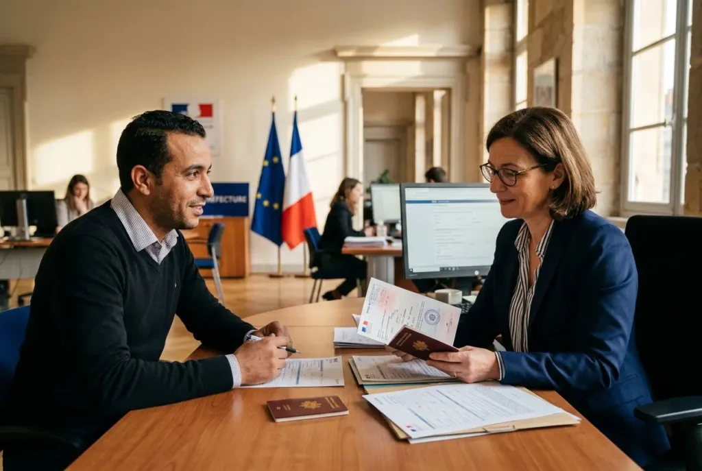 Deux professionnels discutent en bureau administratif, échanges de documents et passeports sur la table, ambiance officielle. Comment trouver du travail en france pour un etranger.