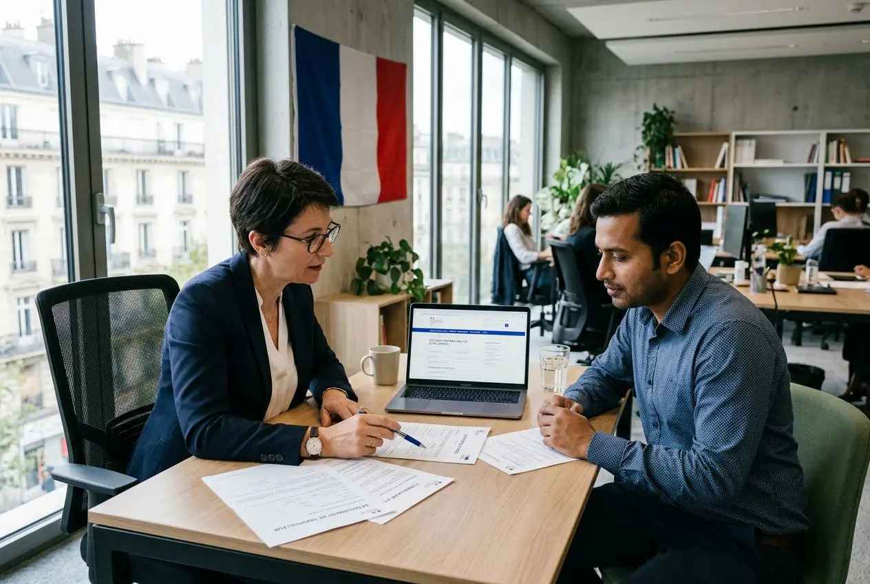 Deux professionnels en réunion près d’une fenêtre, avec un drapeau français en arrière-plan et des documents sur la table.
