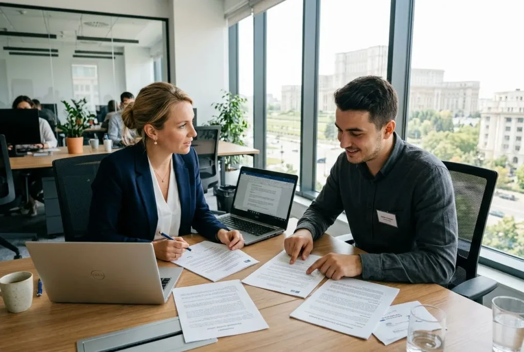 Deux professionnels en réunion de travail, signature de documents sur une table, laptops ouverts, ambiance bureau lumineux. Travailleur européen en France est au centre.