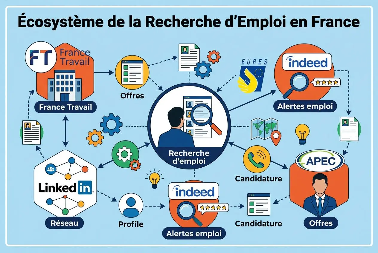 Diagramme illustrant l’écosystème de la recherche d’emploi en France, avec candidatures, offres et alertes emploi pour comprendre comment trouver du travail en france pour un etranger.