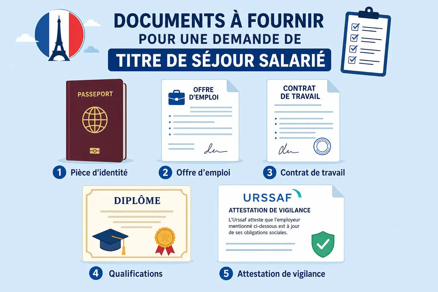 Documents à fournir pour une demande d’autorisation de travail en France pour les étrangers: pièce d’identité, offre d’emploi, contrat de travail, diplôme, attestation de vigilance.