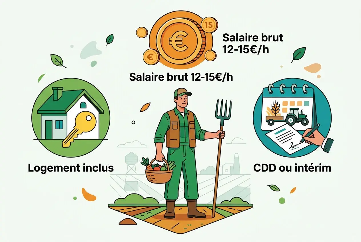 Emploi agricole avec hébergement: ouvrier agricole avec logement inclus, saisonnier, cueillette et vendanges.