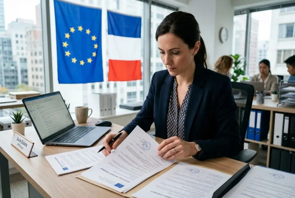 Femme d’affaires travaillant sur des documents officiels près d’un drapeau européen et français, avec un ordinateur portable sur le bureau. Intègre le sujet « charges sociales travailleur détaché ».
