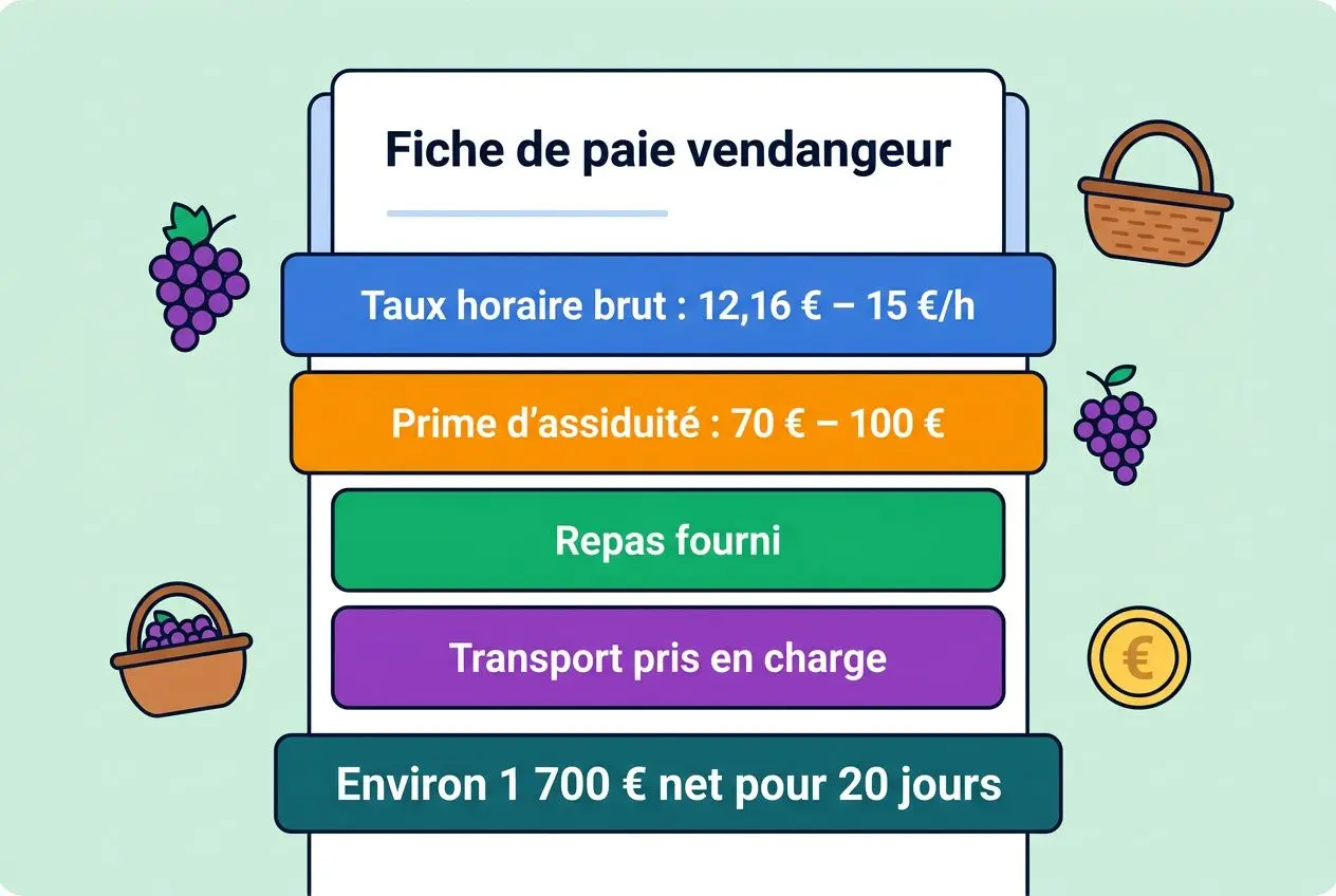 Fiche de paie vendangeur illustrée: détails de rémunération et prestations (taux horaire brut 12,16–15 €/h, prime d’assiduité 70–100 €, repas fourni, transport pris en charge, environ 1 700 € net pour 20 jours) autour d’éléments graphiques vendanges. Intégré le mot-clé : vendanges recrutement.