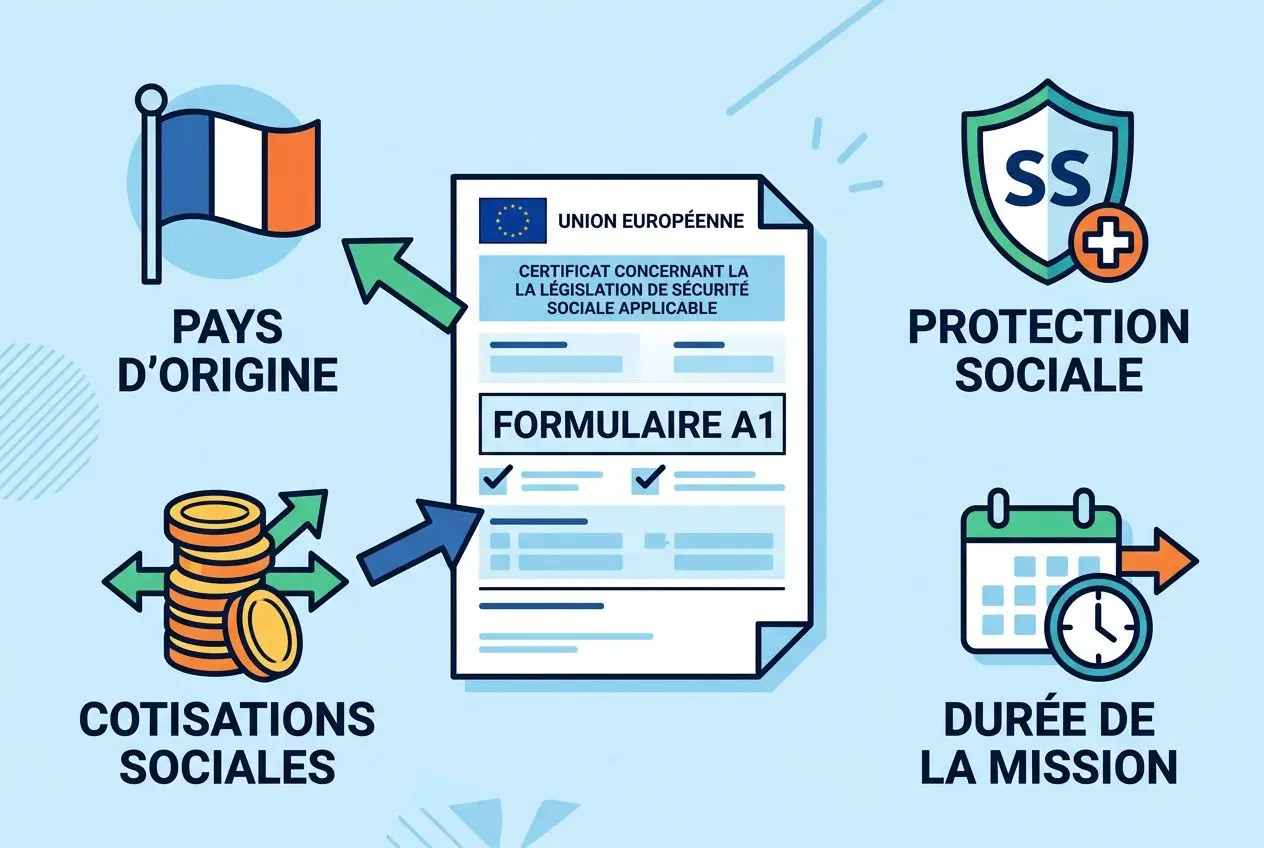 Formulaire A1 entouré d’icônes: pays d’origine, cotisations sociales, protection sociale et durée de la mission, représentant les charges sociales travailleur détaché.
