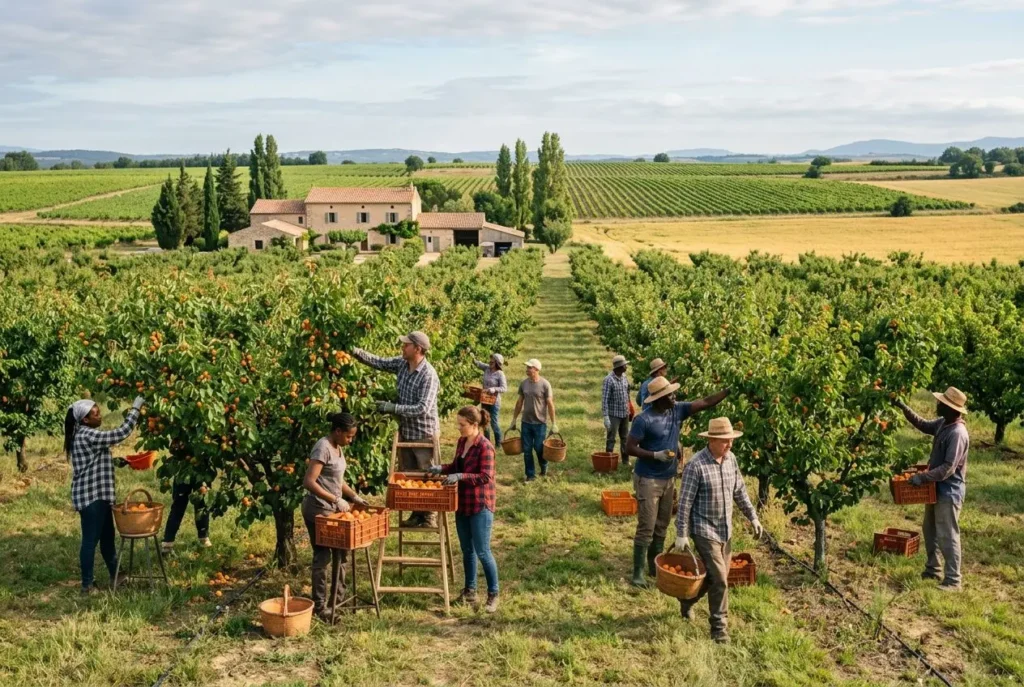 Groupe d’ouvriers récoltant des fruits dans un verger, certains portent des paniers et travaillent sous un ciel clair, avec logement et ferme en arrière-plan. Emploi agricole avec hébergement.