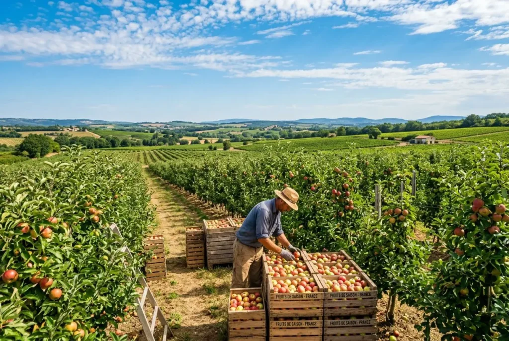 Ouvelleur dans une ferme fruitière récoltant des pommes dans un verger, avec des caisses pleines près des rangs d’arbres et un paysage rural. Recrutement saisonnier agriculture france.