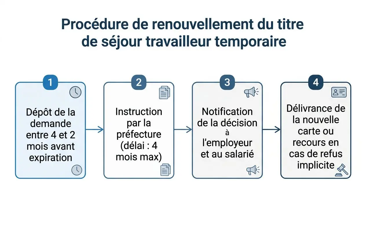 Procédure de renouvellement du titre de séjour travailleur temporaire: étapes 1 à 4, dépôt de la demande, instructions préfectorales, notification et délivrance du titre ou recours.