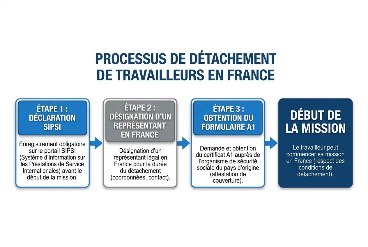 Processus de détachement de travailleurs en France: étape 1 déclaration SIPSI, étape 2 désignation d’un représentant en France, étape 3 obtention du formulaire A1, début de la mission.