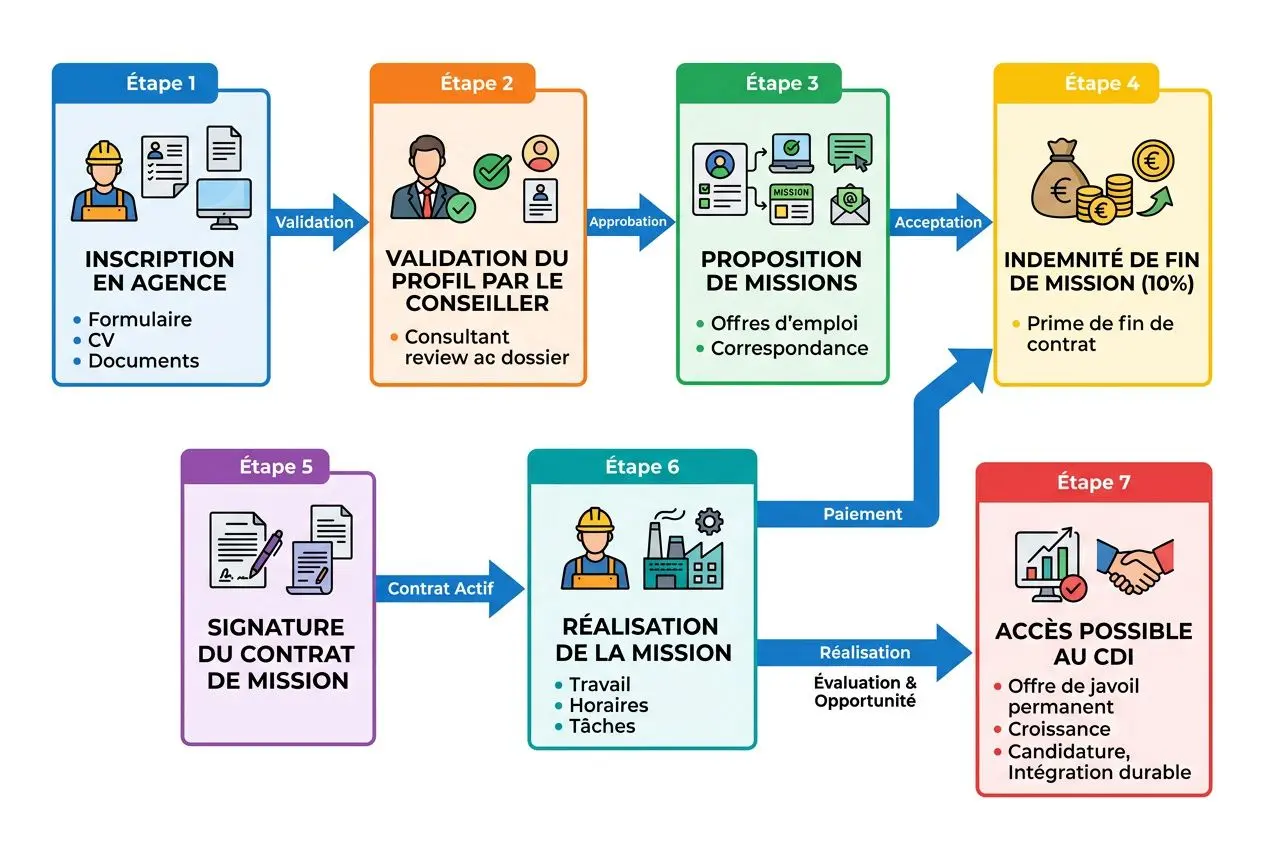 Processus étape par étape pour trouver un travail en France pour un étranger, incluant inscription, validation, proposition, indemnité, contrat et accès au CDI.