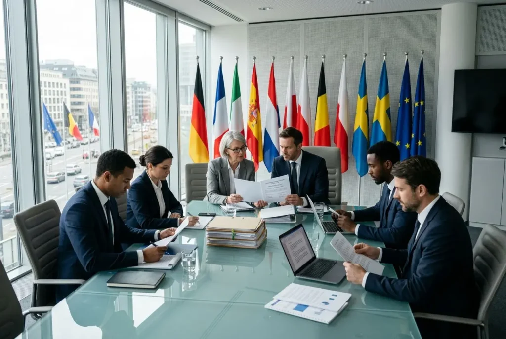 Réunion professionnelle internationale autour de documents, en présence de drapeaux européens et nationaux en arrière-plan.
