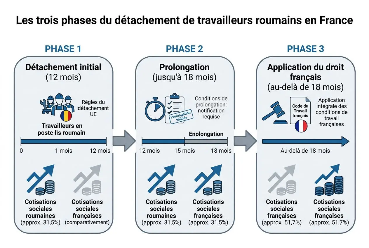 Les roumains peuvent travailler en france : schéma des 3 phases du détachement en France, avec détachement initial, prolongation et application du droit français après 18 mois.