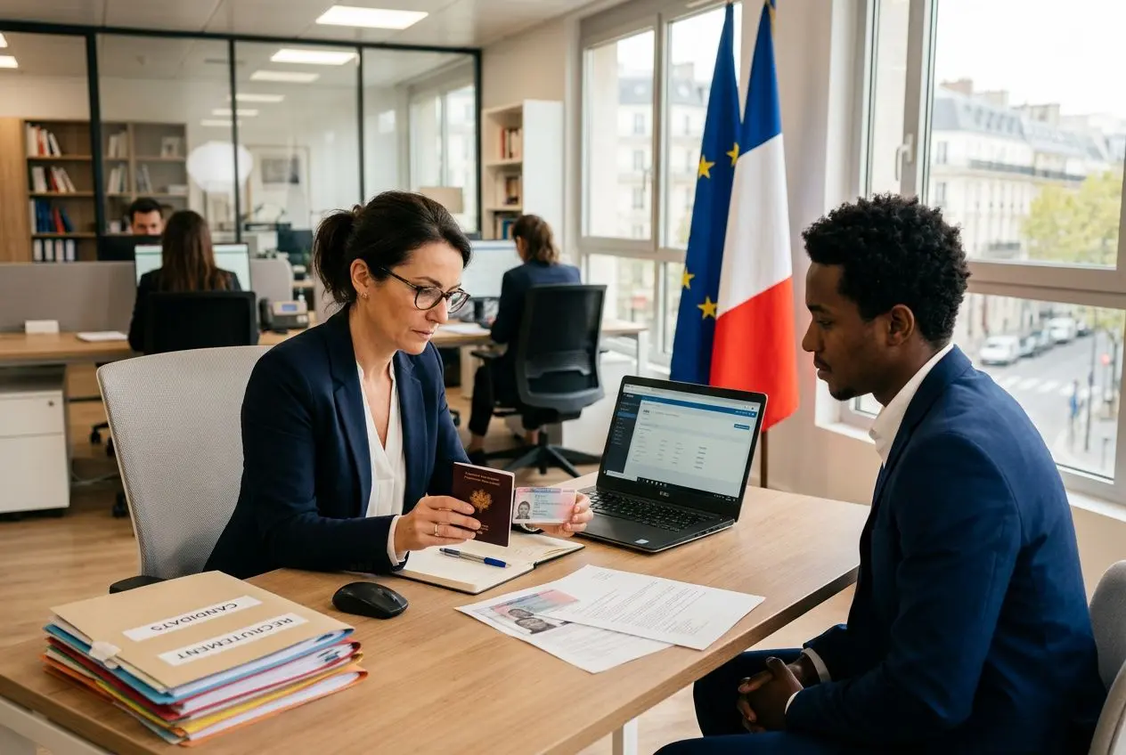 Two professionnels en entretien de travail dans un bureau en France, drapeau européen et drapeau français visibles; documents et ordinateur sur le bureau. intégrer la phrase: "conditions pour embaucher un salarié étranger en France" naturellement.