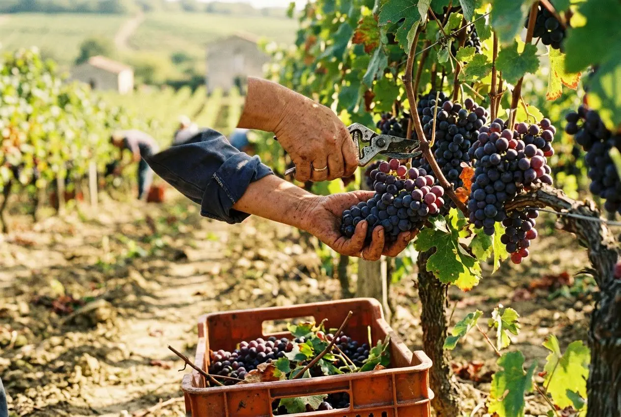 Vendanges : récolte de raisin dans un vignoble, mains récoltant les grappes et caisse en plastique prête à être remplie. (vendanges recrutement)