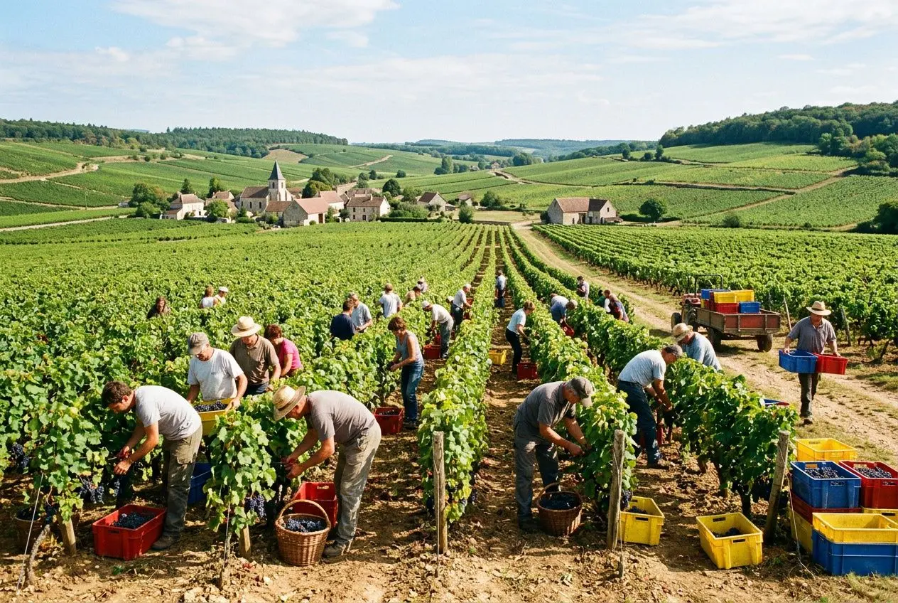Vendanges recrutement: ouvriers récoltant le raisin dans un vignoble en rangs, avec seaux et caisses colorées sous un ciel bleu.