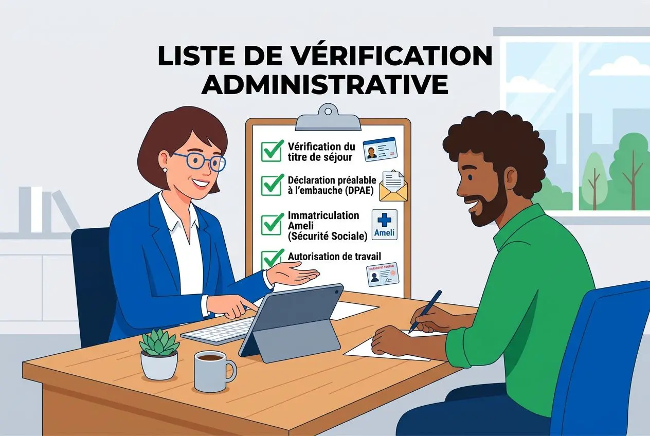 Vérification administrative pour le titre de séjour travailleur temporaire, illustration d’un agent et d’un candidat à un bureau, avec une liste de démarches sur un clipboard.