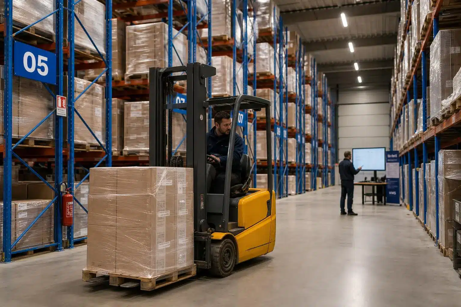 Agent de logistique opérant une chariot élévateur dans un entrepôt organisé, prévoyant des palettes sur des racks. salaires logistique présentés ailleurs.