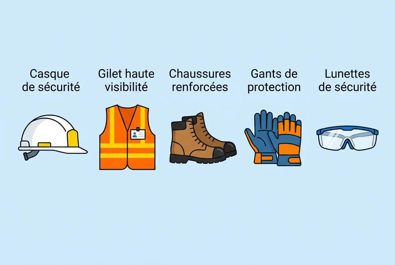 Casque de sécurité, gilet haute visibilité, chaussures renforcées, gants de protection et lunettes de sécurité illustrés pour la sécurité entrepôt logistique.