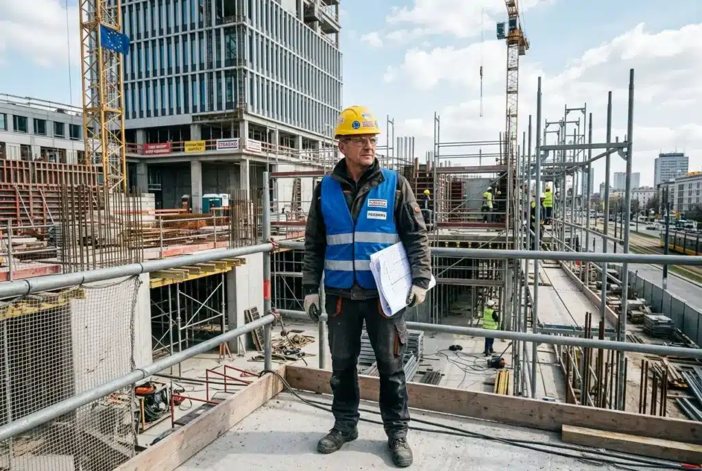 Chef de chantier sur un chantier de construction, casque et gilet réfléchissant, tenant des plans. travailleurs détachés def à l’avant-plan d’un site urbain.