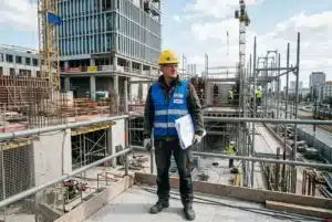 Chef de chantier sur un chantier de construction, casque et gilet réfléchissant, tenant des plans. travailleurs détachés def à l’avant-plan d’un site urbain.