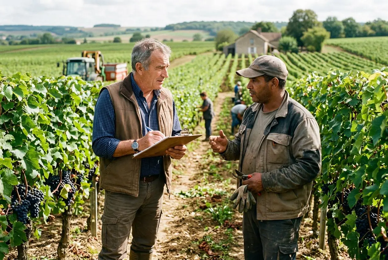 Deux ouvriers agricoles discutent dans une parcelle de vignoble, l’un prenant des notes sur un carnet.
