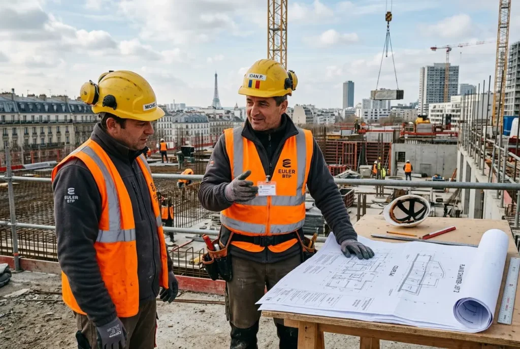 Deux ouvriers sur un chantier de construction, portant casques et gilets orange, discutent autour de plans sur une table mientras que des bâtiments et grue en arrière-plan. travailler en france pour un roumain