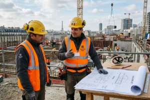 Deux ouvriers sur un chantier de construction, portant casques et gilets orange, discutent autour de plans sur une table mientras que des bâtiments et grue en arrière-plan. travailler en france pour un roumain