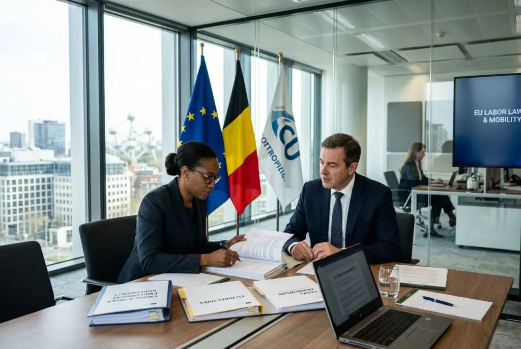 Deux professionnels signent des documents dans une salle de réunion, avec drapeaux européens et belges en arrière-plan.