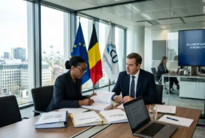 Deux professionnels signent des documents dans une salle de réunion, avec drapeaux européens et belges en arrière-plan.