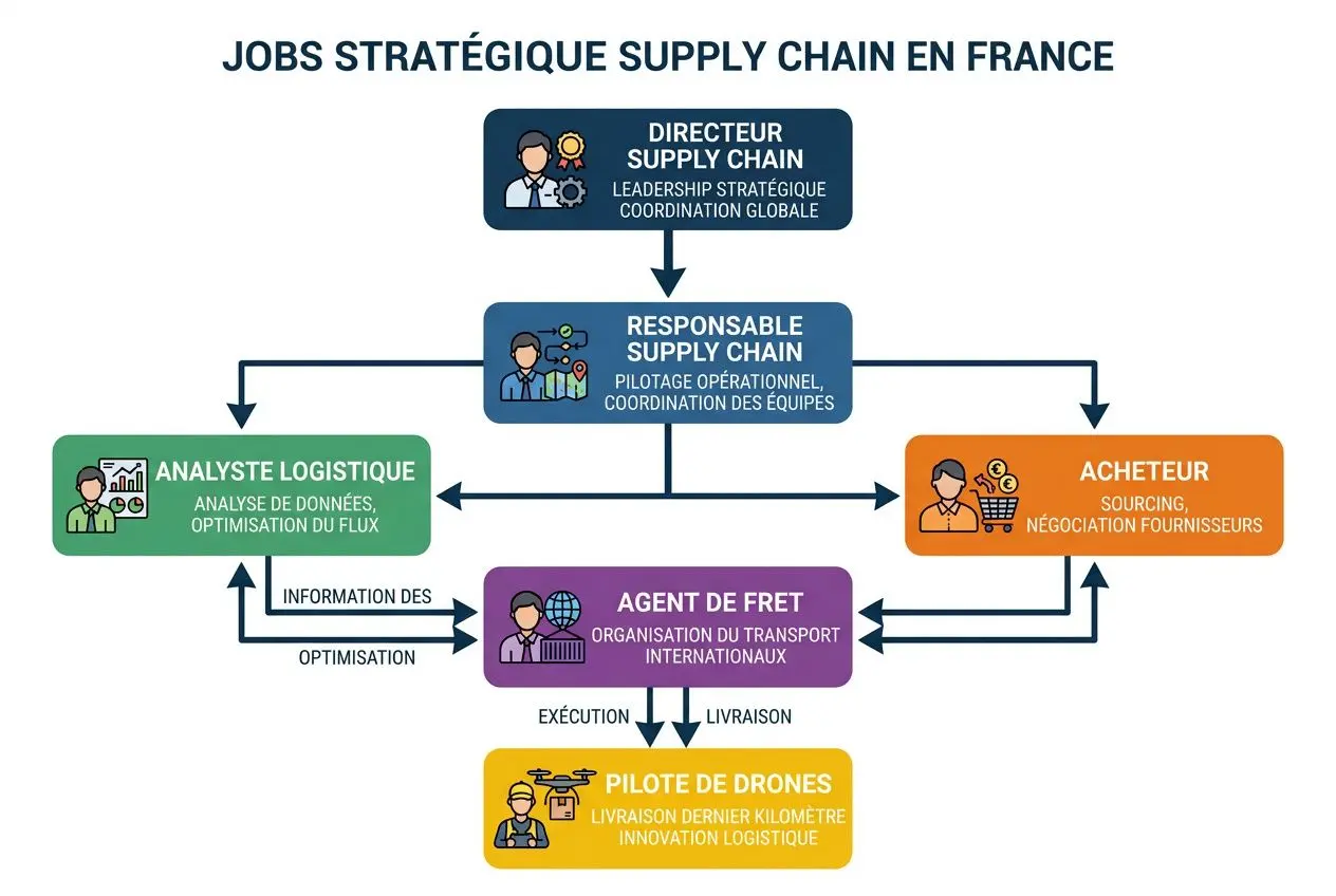 Diagramme illustrant les métiers de la logistique en chaîne d’approvisionnement: directeur et responsable supply chain, analyste/logiste, acheteur, agent de fret, pilote de drones; flux et interactions entre les rôles.