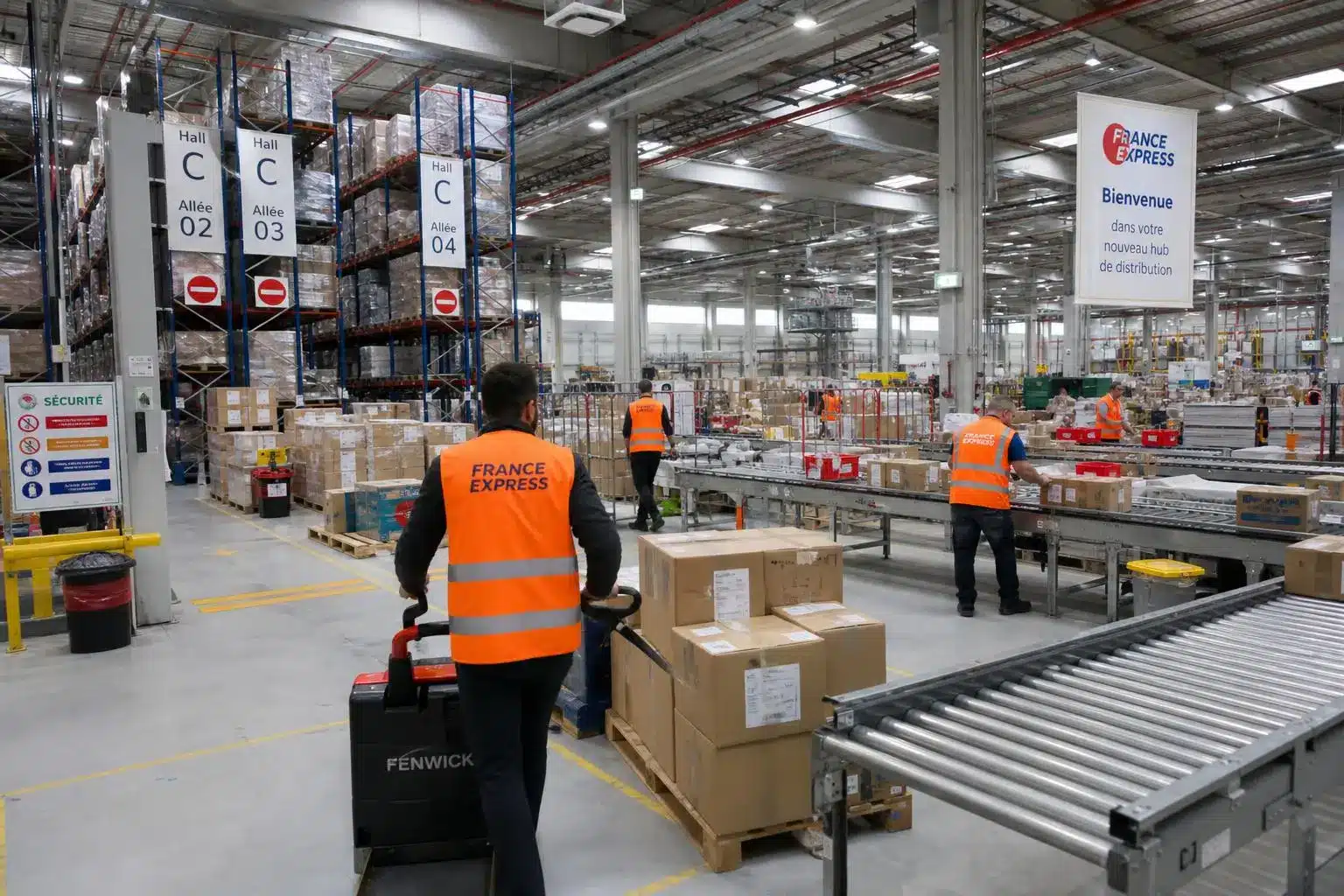 Employé en gilet orange « France Express » poussant un chariot dans un entrepôt logistique; convoyeurs et palettes en arrière-plan. Travail en logistique sans diplôme suggéré.