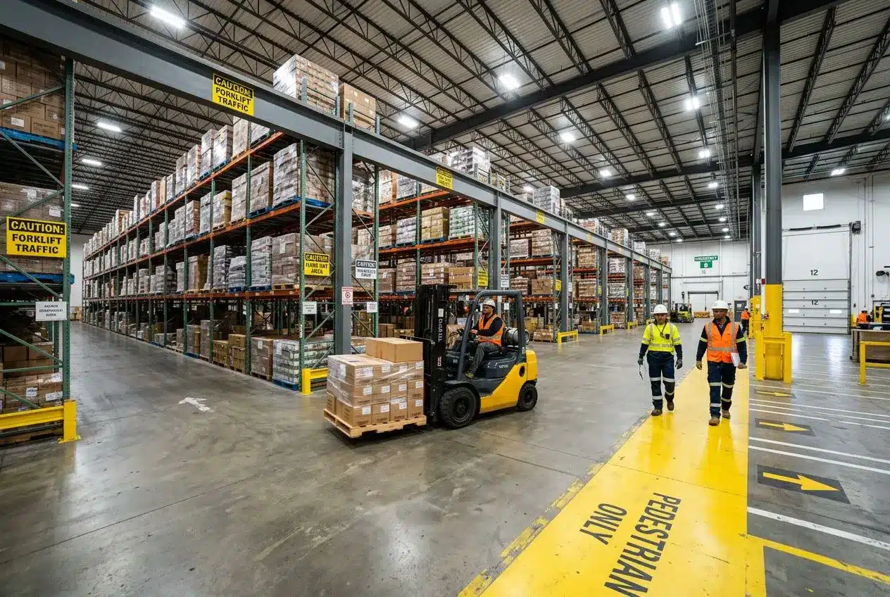 Équipement et racks en entrepôt: chariots élévateurs et employés en EPI evoluant dans une zone marquée « sécurité » et flèches au sol, illustrant la sécurité entrepôt logistique.