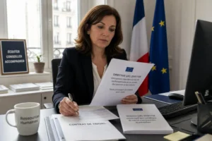 femme d’affaires dans un bureau lisant un document sur les règles du détachement des travailleurs, contrat de travail et dossier de formation.