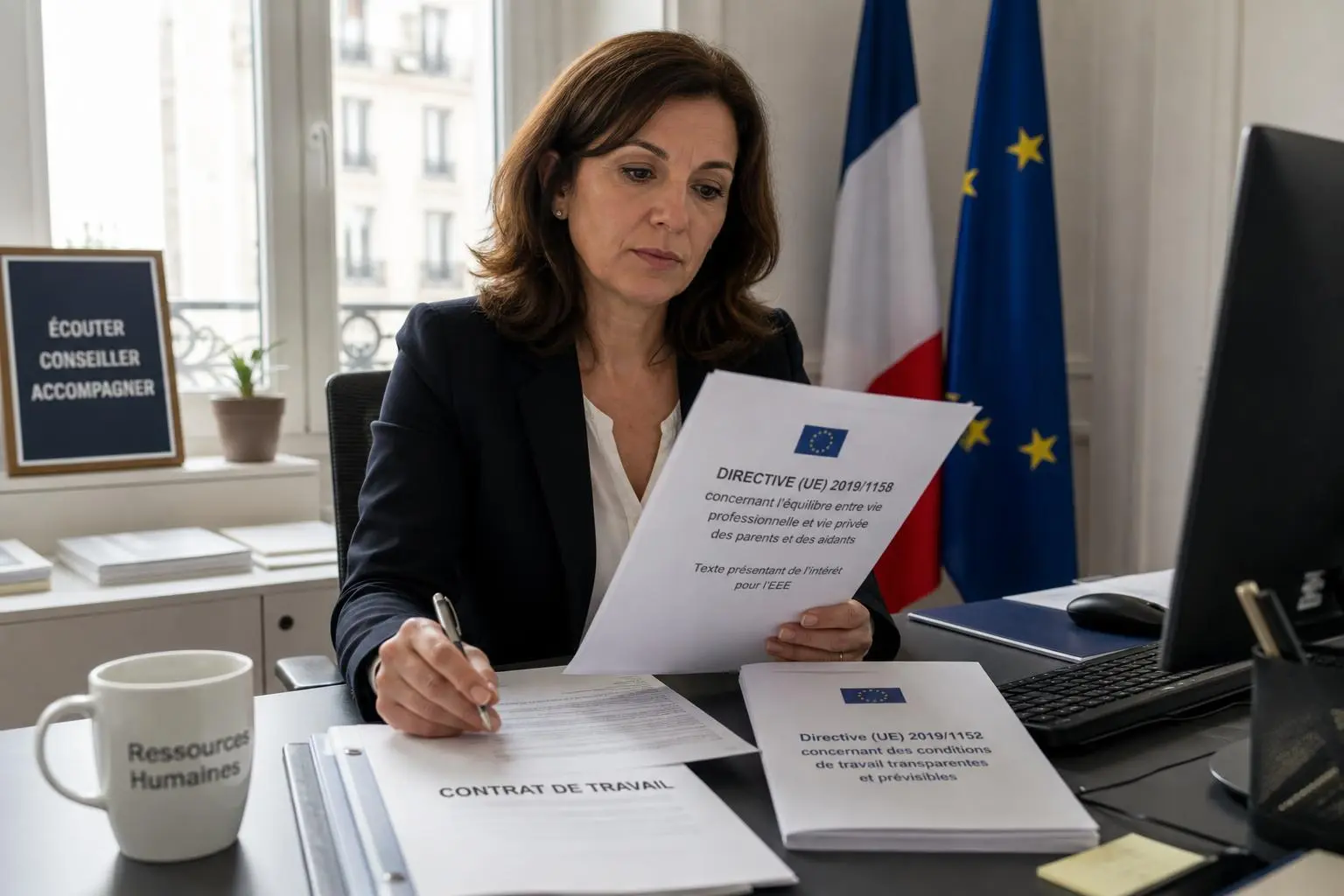 femme d’affaires dans un bureau lisant un document sur les règles du détachement des travailleurs, contrat de travail et dossier de formation.