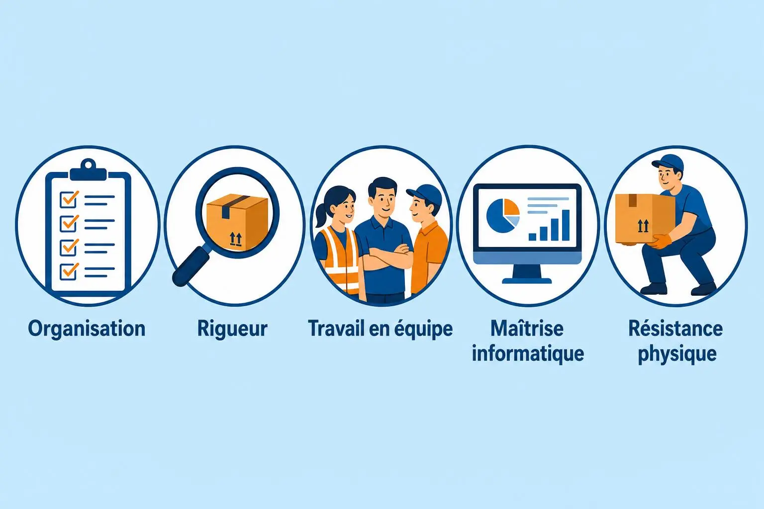 Infographie sur les qualités clés en logistique : organisation, rigueur, travail en équipe, maîtrise informatique et résistance physique. Traitant du travail en logistique.