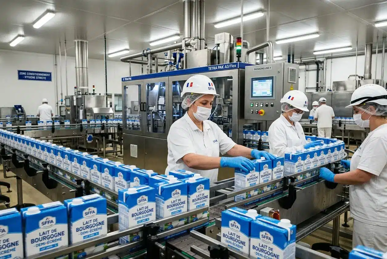 Ligne d’emballage dans une usine agroalimentaire française, employés en protection et gants bleu manipulant des briques de lait. Emploi agroalimentaire france au centre.