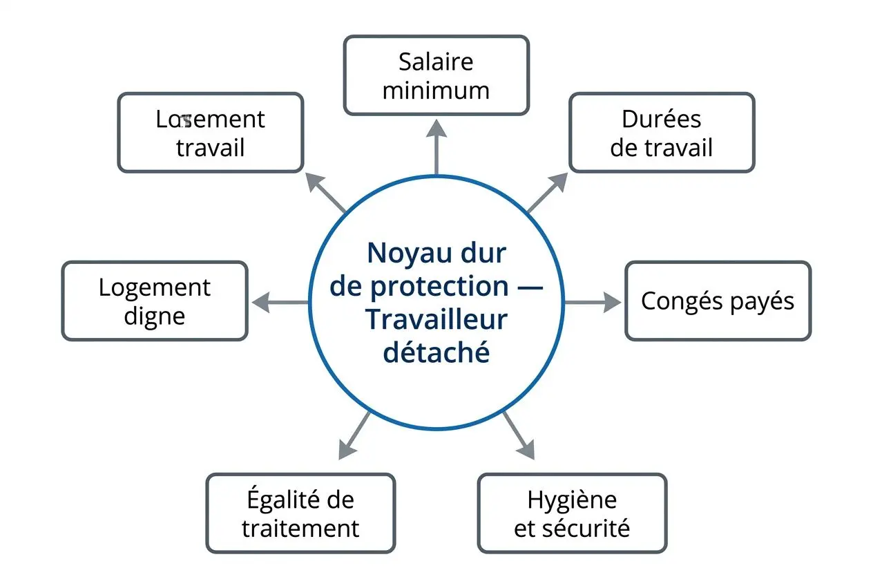 Noyau dur de protection : Travailleurs détachés, avec six flèches vers licenciements: salaire minimum, durées de travail, congés payés, hygiène et sécurité, égalité de traitement, logement digne, laid en réseaux.