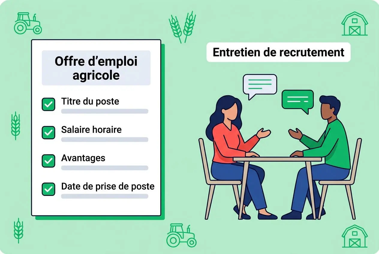 Offre d’emploi agricole affichée, avec Titre du poste, Salaire horaire, Avantages et Date de prise de poste; entretien de recrutement entre deux personnes.